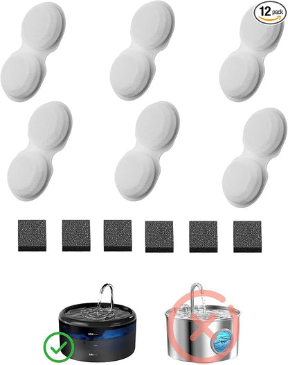 VOUAAOOD Cat Water Fountain Filters: 12 Cat Fountain Filters Replacement for H6 - Pet Water Fountain Filters - 3 Months Usage Kit of Indoor Pet Fountain Filter - 6 Carbon Filters + 6 Sponges Filters