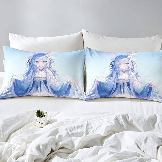Erosebridal Traditional Japanese Fitted Sheet, Kawaii Decor Anime Girl Sheets, Blue Butterfly Decor Twin Bed Set, 1 Fitted Sheet 1 Pillowcase