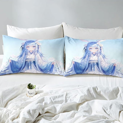 Erosebridal Traditional Japanese Girl Fitted Sheet Kawaii Decor, 3D Anime Gifts Sheets Cartoon Japanese Girl Bed Set, Blue Butterfly Decorations Bed Sheets Full, 1 Fitted Sheet 2 Pillowcases