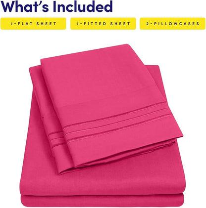 Queen Size Sheet Set with Built-in Sheet Straps - Deep Pocket Fitted Sheet, Flat Sheet & Pillowcases - Soft, Wrinkle-Free, Secure Fit - Fuschia