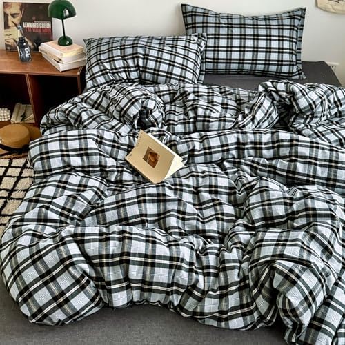 mixinni Vintage Grey & Pale Blue Buffalo Plaid Duvet Cover Set Queen Size - 3 Piece Washed Cotton Bedding Set with Grid Pattern, Soft & Breathable Duvet Cover with Pillowcases for Boys, Men& Women
