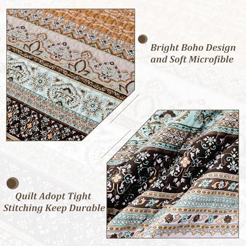 WONGS BEDDING Boho Full Quilt Bedding Set, 3 Pieces Soft Bedspread,Brown