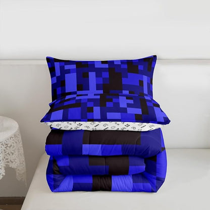 Pixelated Blocks Comforter Set Full Size,Army Camouflage Miners Game Kids Bedding Set,Geometric Grid Patchwork Quilt Comforter,Black Dark Blue Duvet Insert,2 Pillowcases