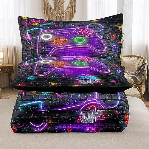NINENINE Boys Gaming Bedding Sets, 6PCS Full Size Bedding Sets, Bed in A Bag Comforter Sets (1Comforter, 1Flat Sheet, 1Fitted Sheet, 1Cushion Cover, 2Pillowcases)