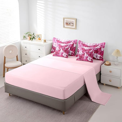 Erosebridal Girls Hot Pink Butterfly Bedding Sets Twin 7 Piece White Flowers Oil Painting Boho Kids Comforter Set Retro Aesthetics Bohemian Butterfly Bed in A Bag,Floral Butterfly Sheet Set