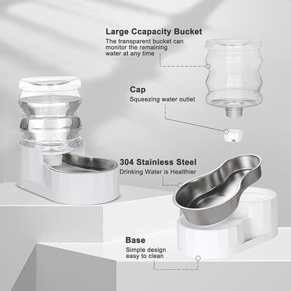 RIZZARI 4L Cat Water Dispenser – Stainless Steel, White, Gravity Fed | No Power Needed, Non-Slip Base, Easy-Clean, for Cats & Small Dogs, for Kitchen/Bedroom
