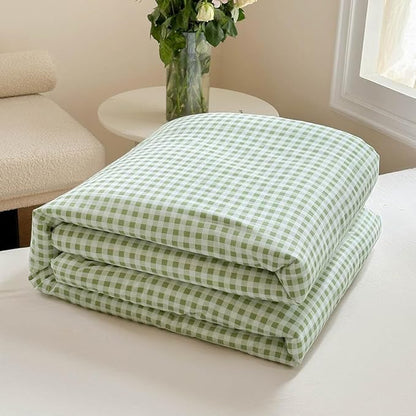 NSNLGSGC Sage Green Gingham Cotton Comforter Set Queen, 100% Washed Cotton Green Plaid Checked Comforter Bedding, 3 Pieces Vintage Farmhouse Grid Bedding Set(Sage Green Gingham, Queen)
