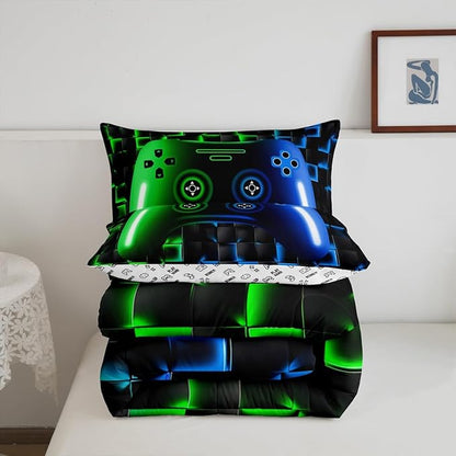 Erosebridal Gaming Comforter Sets for Boys,King Size Bedding Sets for Boys Girls Kids 3D Gamer Geometric Comforter,Game Console Lightweight Microfiber Duvet Quilt,Neon Green Blue Black Glowing