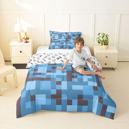 Pixel Grid Miners Kids Comforter Set Twin Size,Reversible Gamepad Video Games Bedding Set Boys Room Decor,Army Camo Geometric Quilt Comforter,Black Light Blue Duvet Set Bedroom Quilt Set,1 Pillowcase
