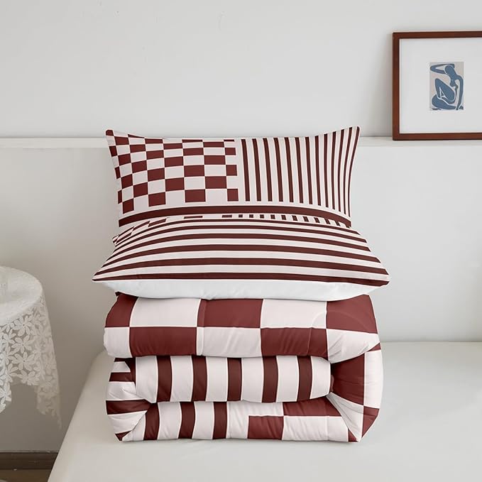 Brown Check Comforter Set Fashion Buffalo Plaid Bedding Set Modern Simple Style Bedding Home Decor Brown Stripes Geometric Comforter Queen Size Quilted Duvet Set 1 Comforter with 2 Pillowcase