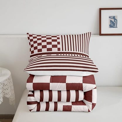 Brown Check Comforter Set Fashion Buffalo Plaid Bedding Set Modern Simple Style Bedding Home Decor Brown Stripes Geometric Comforter Queen Size Quilted Duvet Set 1 Comforter with 2 Pillowcase