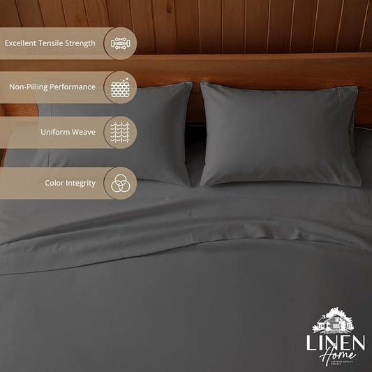 Linen Home 100% Cotton Percale Sheets Full Size, Smoky Charcoal, Deep Pocket, 4 Pieces Set - 1 Flat, 1 Deep Pocket Fitted Sheet and 2 Pillowcases, Crisp Cool and Strong Bed Linen