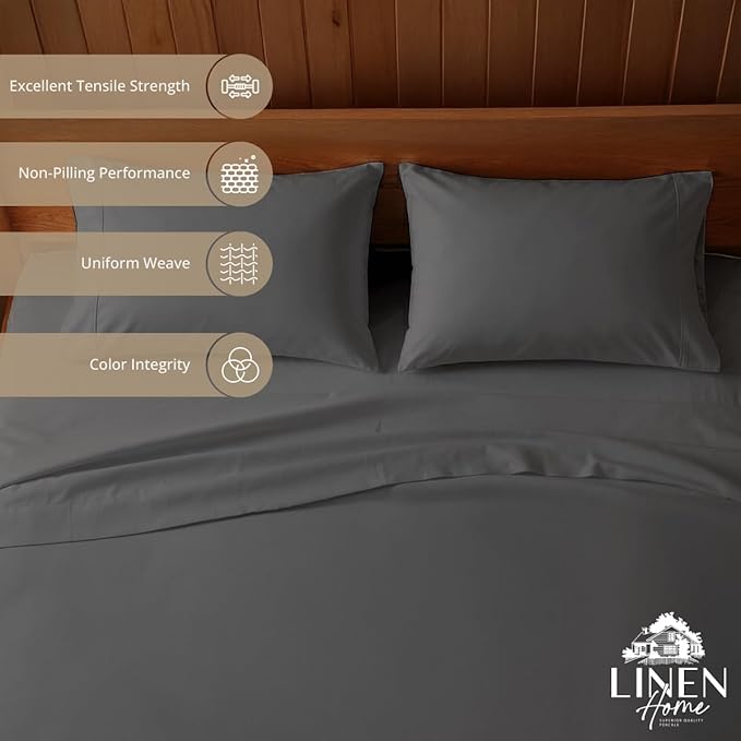 Linen Home 100% Cotton Percale Sheets Twin Size, Smoky Charcoal, Deep Pocket, 3 Pieces Set - 1 Flat, 1 Deep Pocket Fitted Sheet and 1 Pillowcase, Crisp Cool and Strong Bed Linen