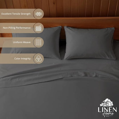 Linen Home 100% Cotton Percale Sheets King Size, Smoky Charcoal, Deep Pocket, 4 Pieces Set - 1 Flat, 1 Deep Pocket Fitted Sheet and 2 Pillowcases, Crisp Cool and Strong Bed Linen