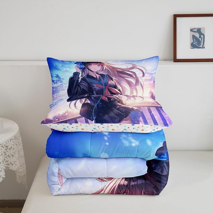 Erosebridal Anime Girl Bedding Set King Size, Japanese Anime Comforter Set for Kids Boys Teens Bedroom Decor, Cartoon Girl Duvet Insert Kawaii Japanese Animation Quilt with 2 Pillow Cases