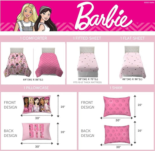 Franco Barbie Barbiecore Bedding Super Soft Comforter and Sheet Set with Sham, 5 Piece Twin Size, College Dorm Essentials (Official Licensed Product)