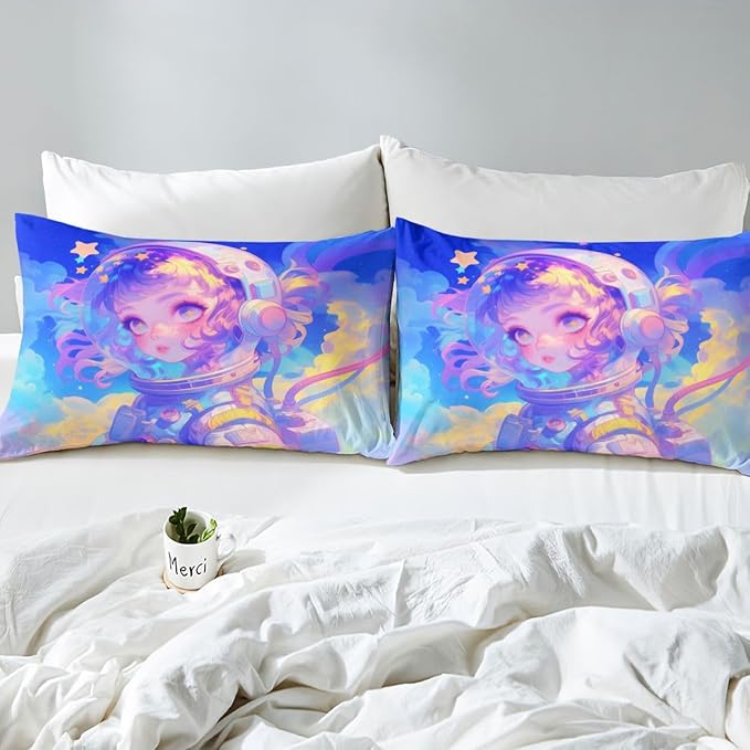 Erosebridal Watercolor Anime Girl Bedding Set, 3D Anime Fitted Sheet 2Pcs Cosmo Galaxy Sci-Fi Virtual Reality Sheets for Boys Girls Graffti Stars Print Bed Sheets Twin, No Top Sheet