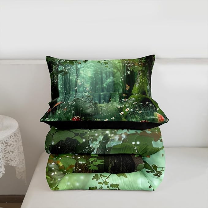 Erosebridal Magical Comforter Set Full Size, Mushroom Bedding Set for Girls Women Kids Teens, Daisy Leaves Branches Sunset Nature Duvet Insert, Cute Style Soft Warm Quilted Duvet Bedroom Decor, Green