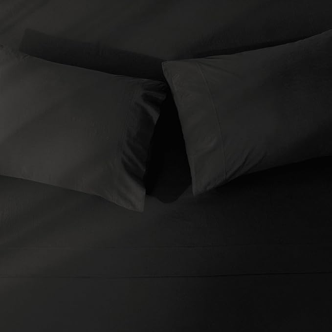 JIYUAN Full Size Sheet Set, 4-Piece - 100% Washed Cotton, Linen-Like Soft & Breathable, Includes Deep Pocket Fitted & Flat Sheet with 2 Pillowcases, Hotel Quality, Solid Black