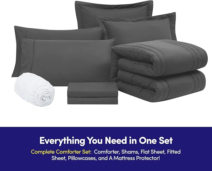 Queen Comforter Set Quilted Stripe Bedding Bundle – Comforter, Mattress Protector, Sheets with Pockets on the Side & Built-in Corner Strap – Fitted Sheet Media Pocket for Devices, Charcoal