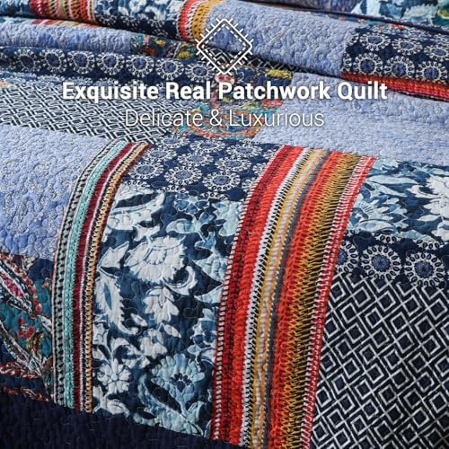 Yvooxny King Quilt Set Reversible Lightweight Bohemian Paisley Patchwork Cotton Quilted Bedspread Coverlet Set 3-Piece Bedding Set with Pillowcases for All Seasons, King Size, 108 * 96 Inches
