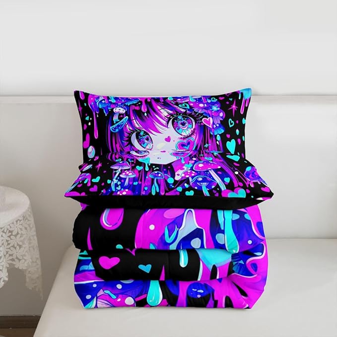 Erosebridal Japanese Girl Bedding Queen,Cartoon Girly Comforter Set 3D Anime Gifts Bed Sets Colorful Graffiti Print Duvet Insert 3 Pieces