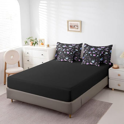 Ombre Cat Skull Comforter Set King Size,Black Galaxy Starry Bed Set 7pcs with Comforter,Fitted Sheet,Flat Sheet,2 Pillowcases,2 Throw Pillow Covers,Gothic Constellation Bedding Set