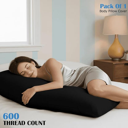 Comfort Beddings Body Pillowcase, 100% Organic Cotton 600 Thread Count Sateen, Soft Cooling Black, 1-Pack, Hidden Zipper Closure, Hotel Quality, Fade & Shrink Resistant, 20 x 54 Inches
