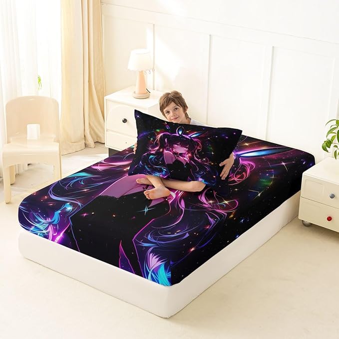 Erosebridal Cute Bunny Girls Twin Bed Sheets Japanese Anime Girl Fitted Sheet,Cartoon 3D Kids Bedding Sets Magical Neon Stars Sheets with 1 Pillowcase