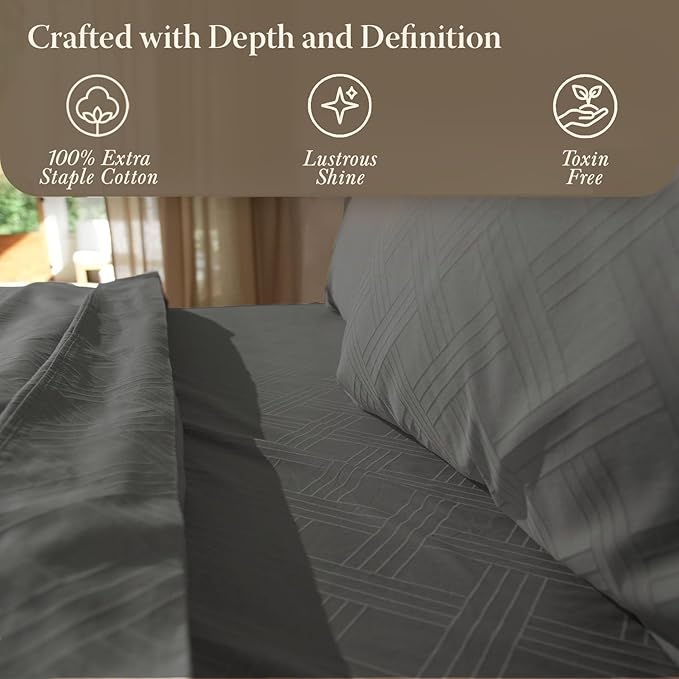 Threadmill Luxury 100% Cotton Full Bed-Sheets - 800 Thread Count Jacquard Celine Dark Grey, Better Than Egyptian Cotton,4 Pc Striped Bed Set, Damask Sheets with Elasticized Deep Pocket