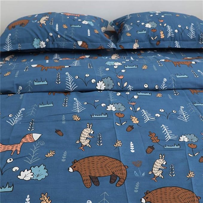 Houseri Blue Bear Twin Comforter Set 3 Pieces Toddler Boys Girls Navy Cartoon Woodland Bedding Sets Comfy Soft Kids Gift Fox Rabbit Forest Animal Painting Breathable Dark Color Bed Quilts Twin Size