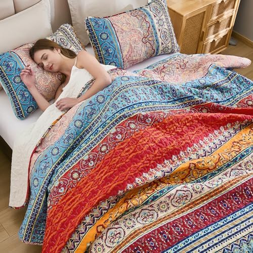 WONGS BEDDING Blue Quilt Set California King, Boho Stripe Bedding Set