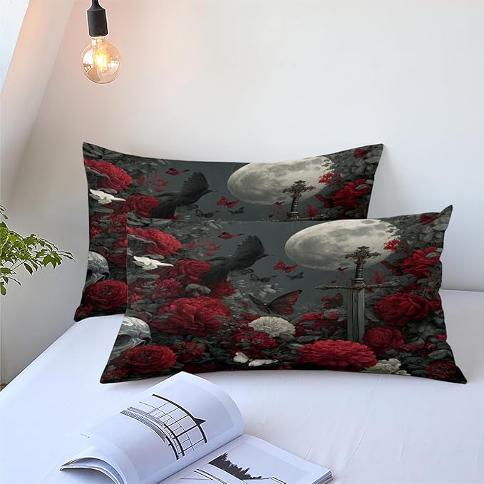 Women Victorian Red Rose Comforter Set, Twin Size 5-Piece White Butterfly Comforter Sets for Girls Room Decor, 1 Comforter 68"x 90", 2 Pillowcases, 1 Fitted Sheet, 1 Flat Sheet