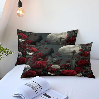 Women Victorian Red Rose Comforter Set, Twin Size 5-Piece White Butterfly Comforter Sets for Girls Room Decor, 1 Comforter 68"x 90", 2 Pillowcases, 1 Fitted Sheet, 1 Flat Sheet