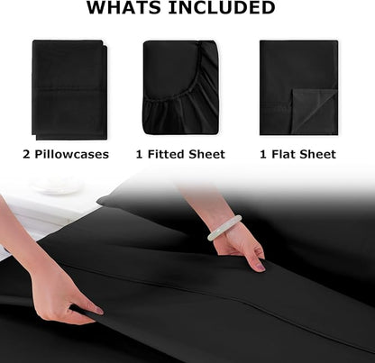Queen Size Bed Sheet Set - 4 Piece Soft Microfiber Sheets with Deep Pockets, Cooling Technology, and Wrinkle-Free Pillowcase. Hotel-Quality, Durable Bedding, Black