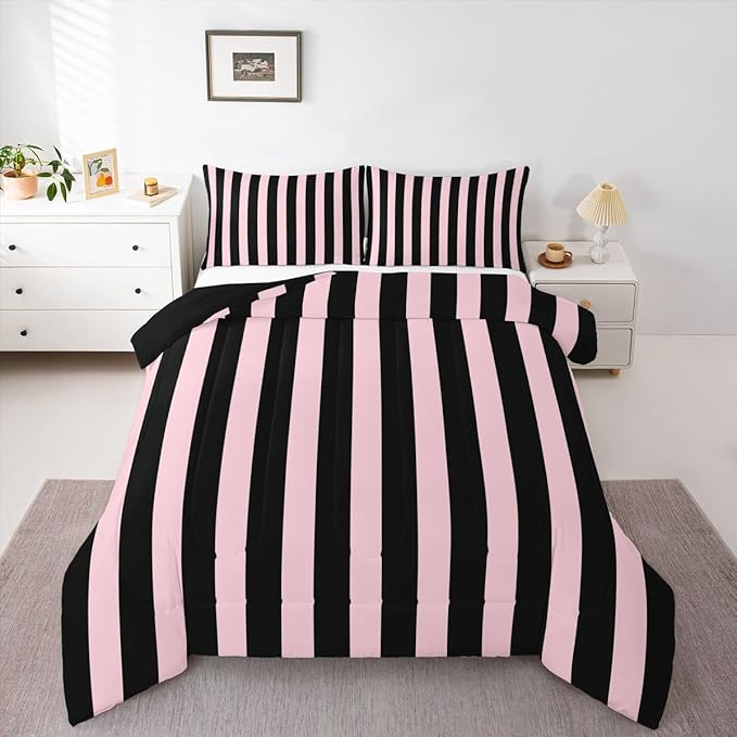 Erosebridal Pink and Black Striped Comforter Set King Size Simple Vertical Stripes Bedding Set Cute Retro Vintage Stripe Bed Collections Modern Abstract Minimalist Aesthetic Duvet Insert