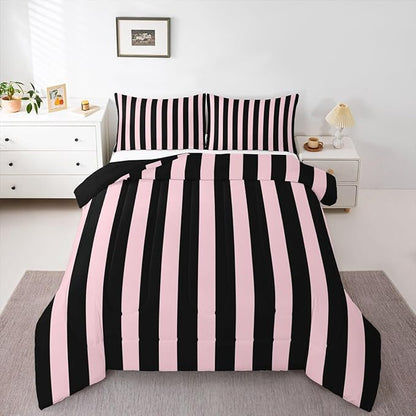 Erosebridal Pink and Black Striped Comforter Set King Size Simple Vertical Stripes Bedding Set Cute Retro Vintage Stripe Bed Collections Modern Abstract Minimalist Aesthetic Duvet Insert