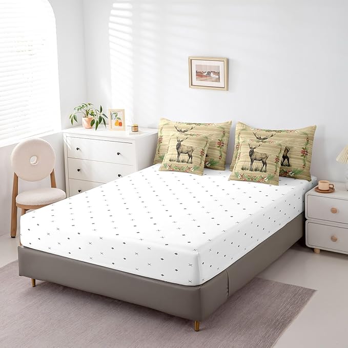 Reindeer Bed in a Bag King Size Comforter Set 7 Pieces,Woodland Animals Bedding Sets Rustic Elk Deer Moose Sheet Set with Comforter