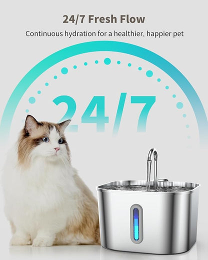 Stainless Steel Cat Water Fountain - 74oz/2.2L Cat Drinking Fountain | Quiet Cat Fountain for Indoor Cats and Small Dogs, Automatic Pet Water Dispenser Keeps Fresh Water, Water Level Window