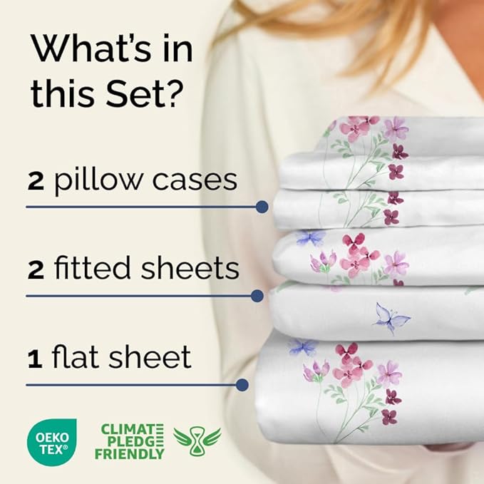 Floral Sheets - Butterfly Floral Bed Sheet Set - 1 Flat, 2 Fitted & 2 Pillowcases w/ Deep Pockets - Wrinkle & Fade Free - Boho Botanical Bedding - Soft, Breathable and Cooling - Split King Size Set
