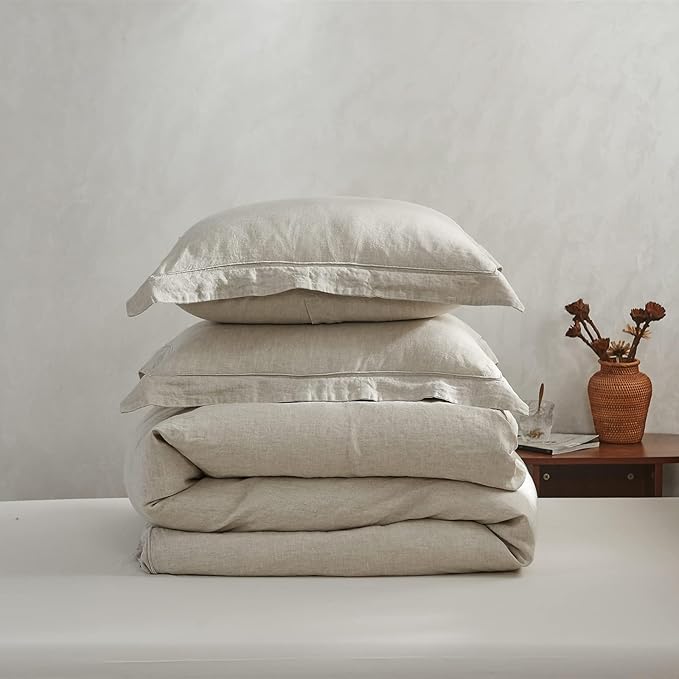Simple&Opulence 100% Linen Duvet Cover Set with Embroidery Border Washed - 3 Pieces (1 Duvet Cover with 2 Pillow Shams) with Button Closure Soft Breathable Farmhouse - Linen, Full Size