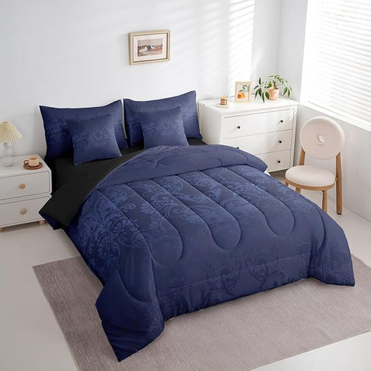Erosebridal Gothic Damask Bed in a Bag King Size Comforter Set 7 Pieces,Butterfly Skull Bedding Sets Azure Blue Victorian Floral Goth Sheet Set with Comforter