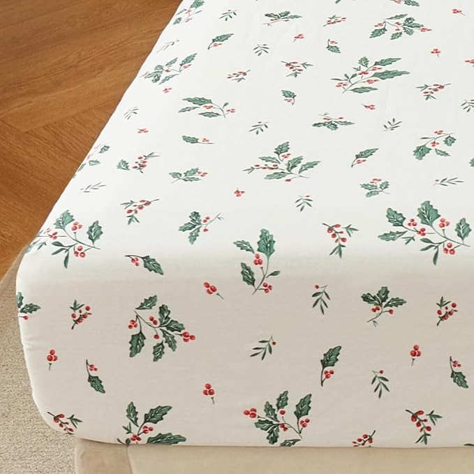 DAUAOTO 100% Cotton Bedding Christmas Printed Sheets Set for Full Size Bed Up to 14" Deep Mattress, Bedlinen Sets Holly Berries Pattern