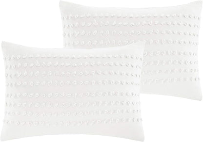Comfort Spaces Cotton Comforter Set Jacquard Pom-Pom Tufts Design, Down Alternative, All Season Modern Bedding, Matching Shams, Full/Queen, Phillips, Ivory