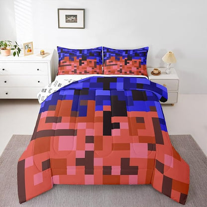 Pixelated Blocks Miners Comforter Set King Size,Video Games Game Gamepad Kids Bedding Set,Geometric Grid Patchwork Quilt Comforter,Blue Red Duvet Insert,2 Pillowcases