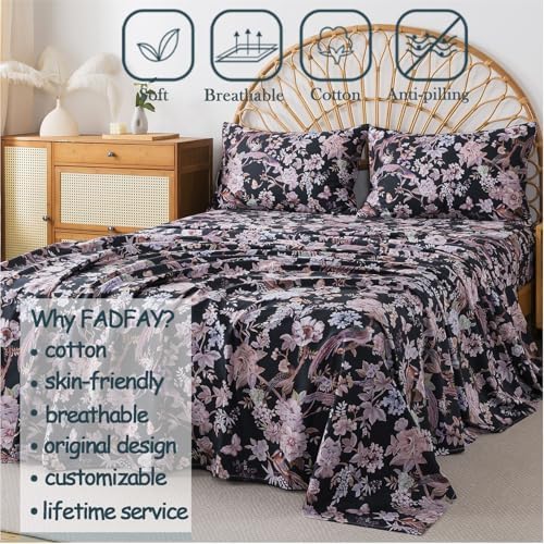 FADFAY California King Sheet Set,4-Piece 100% Cotton, Vintage Black Floral & Bird Print Bedding, Deep Pocket Fitted Sheet, Soft & Breathable for All Seasons