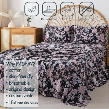 FADFAY California King Sheet Set,4-Piece 100% Cotton, Vintage Black Floral & Bird Print Bedding, Deep Pocket Fitted Sheet, Soft & Breathable for All Seasons