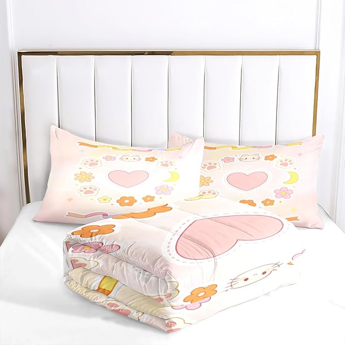 Kids Pink Cartoon Cat Paw Bedding Set, 7Pcs Full Size Bed in a Bag, Heart Star Comforter Sets with 1 Comforter 79"x 90", 2 Pillowcases, 1 Fitted Sheet, 1 Flat Sheet, 2 Pillow Shams