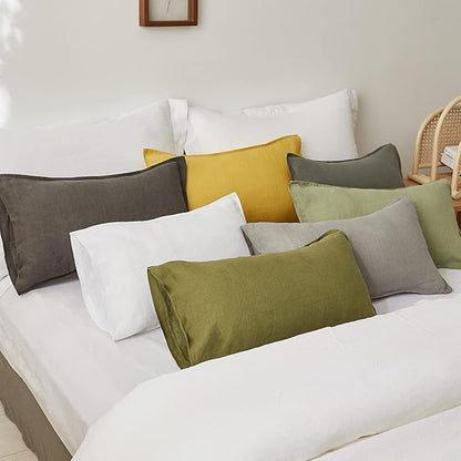 Simple&Opulence 100% Linen Lumbar Pillow Cover 12 x 20 Inches Set of 2 Rectangular Decorative Throw Cushion Cover for Couch Sofa Bed Living Room Office Soft Breathable Farmhouse - Olive Green
