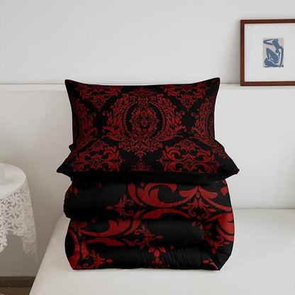 Feelyou Adults Red Vintage Damask Floral Comforter Set Oriental Antique Comforter Full Size Gothic Bohemia Boho Flower Bedding Set Bohemian Exotic Duvet Set Quilt Set 3Pcs